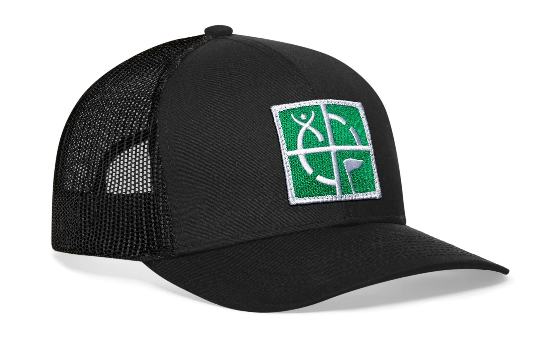 Geocaching Trucker Hat- Black with Green/White Embroidered Patch