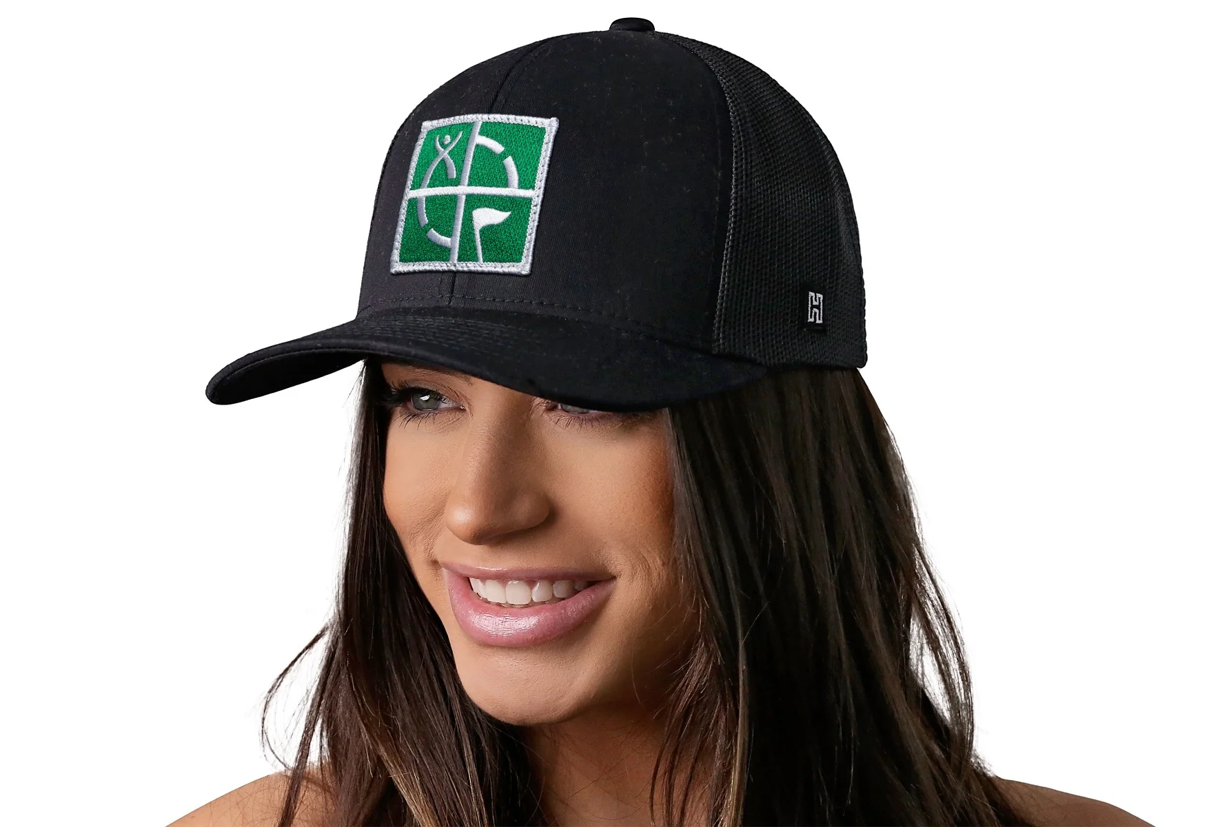 Geocaching Trucker Hat- Black with Green/White Embroidered Patch - Image 2