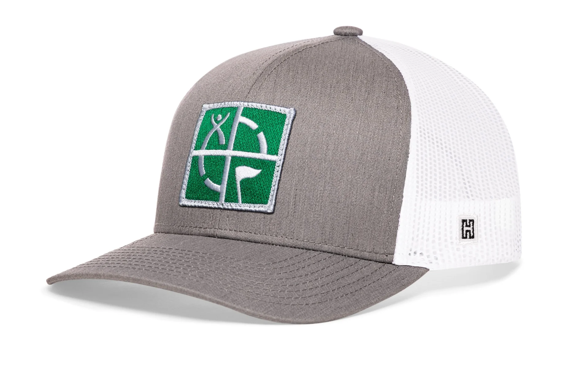 Geocaching Trucker Hat- Gray with Green/White Embroidered Patch