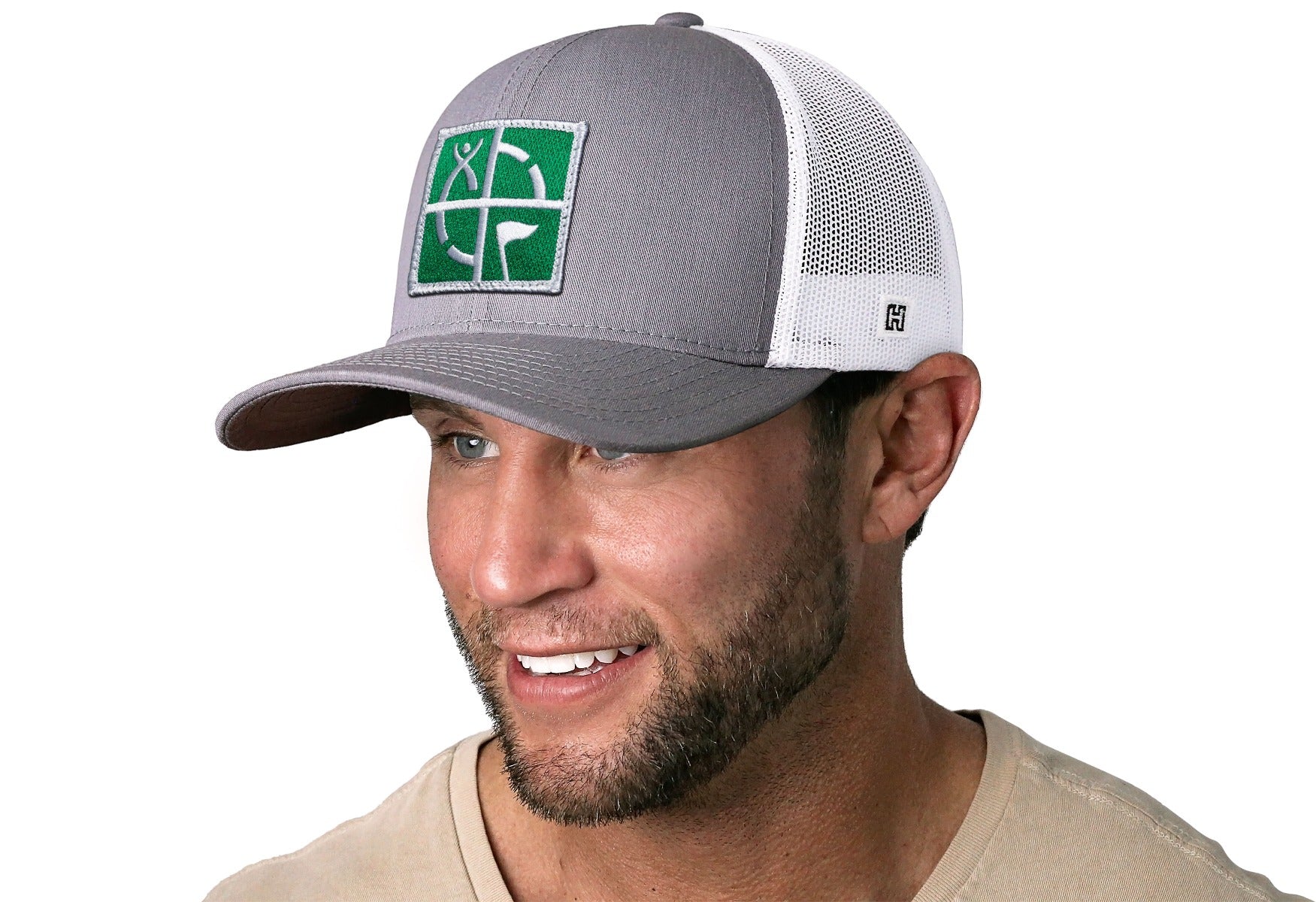 Geocaching Trucker Hat- Gray with Green/White Embroidered Patch - Image 2