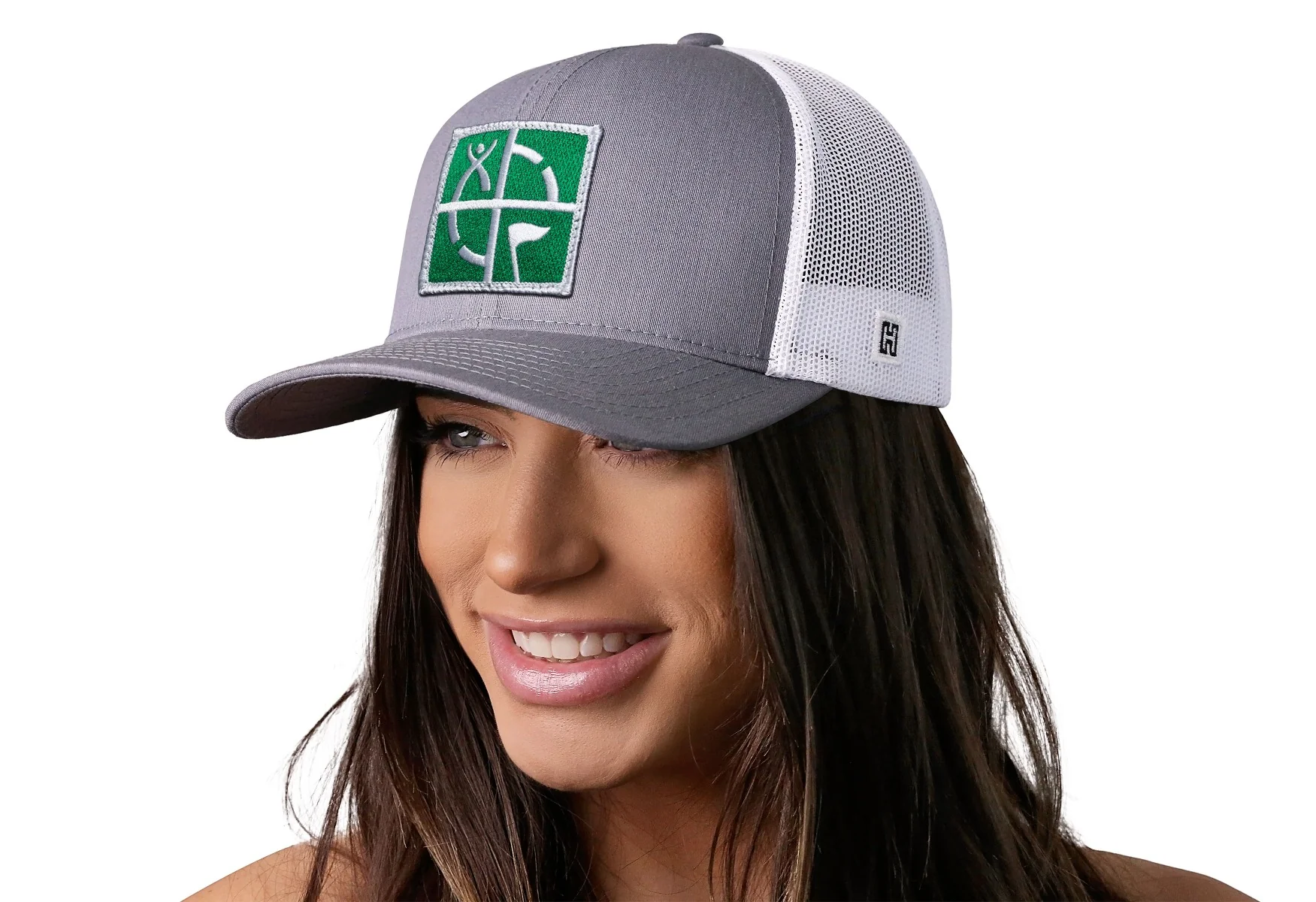 Geocaching Trucker Hat- Gray with Green/White Embroidered Patch - Image 3